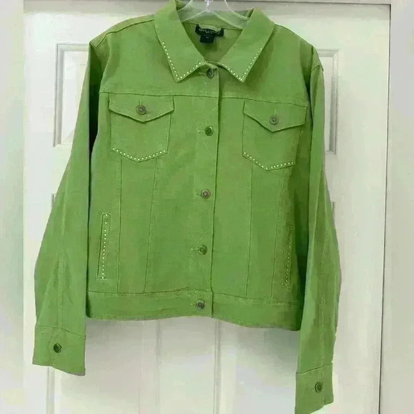 Get Lucky XL Green 100% Cotton Bling Jacket USA Diamond Jeweled Embellishment - Picture 2 of 10